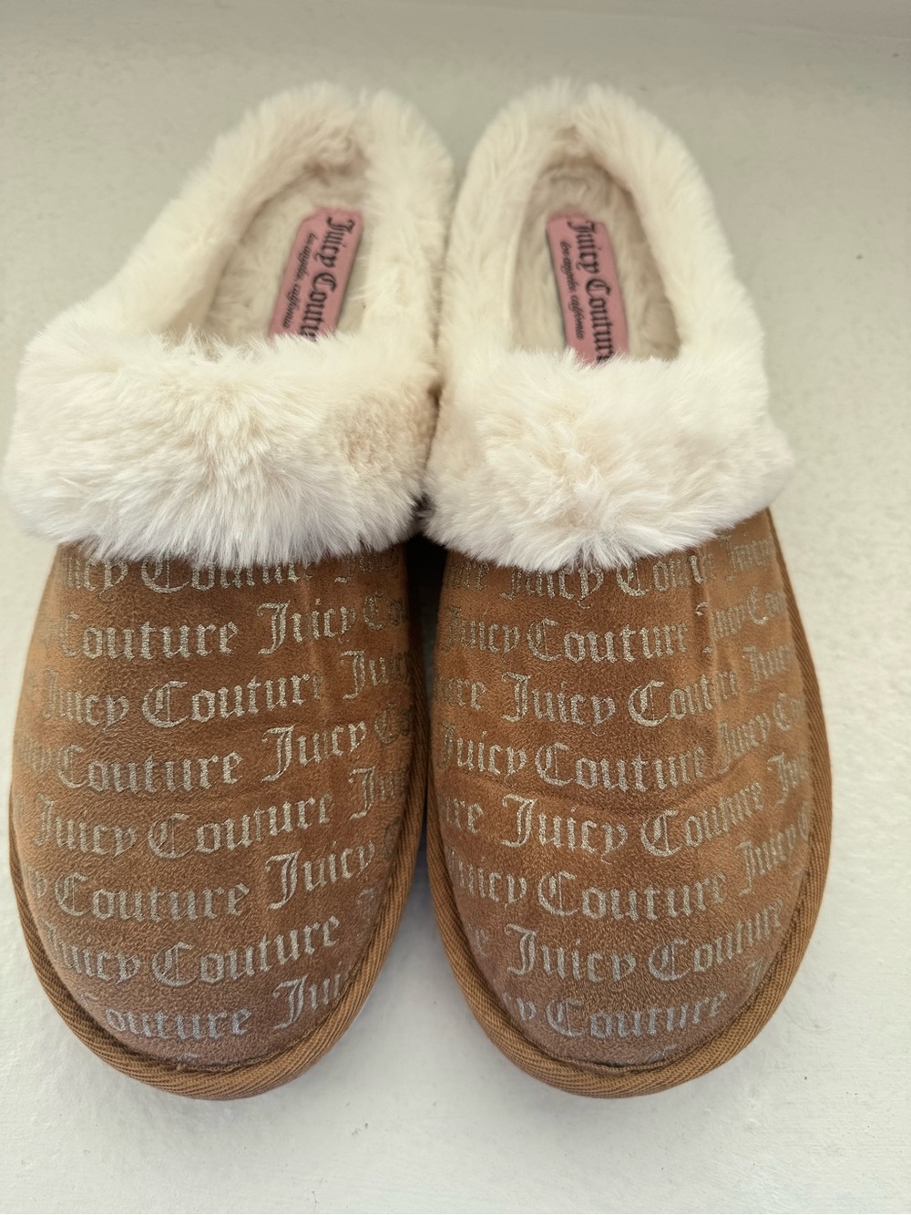 Juicy Couture Brown Logo Faux-Fur Trim Slip-On Slippers